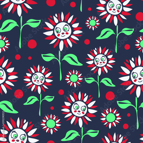 Seamless vector pattern with cartoon flowers with faces on blue background. Funny floral wallpaper design for children. Happy flower meadow fashion textile.