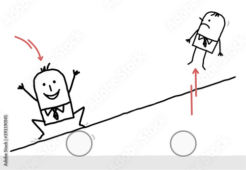 Cartoon Big Businessman Jumping on a teeter board, and Bumping off a small one