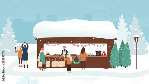 People enjoy Christmas market or holiday outdoor fair on town square vector illustration. Cartoon happy man woman friend characters walk, buy snack food and gifts from market stall or kiosk background