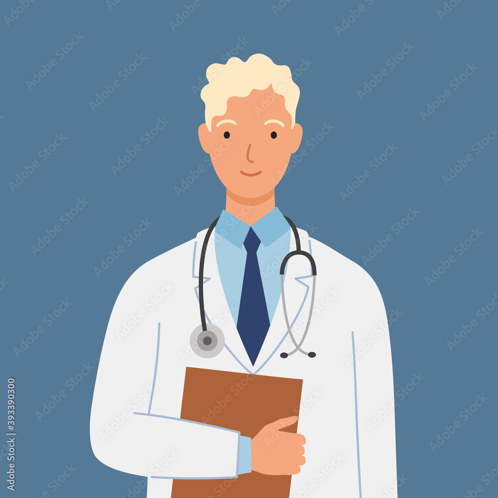 Male doctor in white medical gown with a stethoscope and folder.