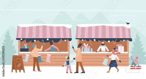 Family people walk in Christmas city or village market vector illustration. Cartoon customer characters buy Christmas gifts and food in festive decorated marketplace, xmas stall or kiosk background
