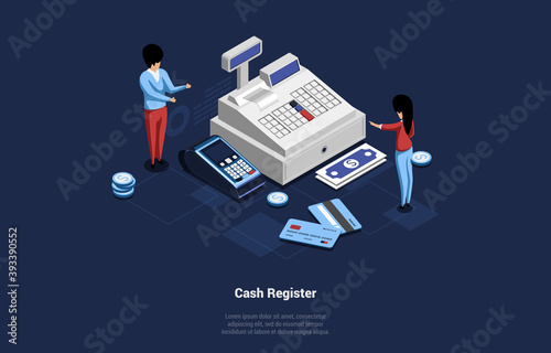 Vector 3D Illustration In Cartoon Style. Isometric Composition On Dark Background. Huge Cash Register Machine With Terminal, Male And Female Characters, Money Banknotes And Coins, Credit Cards Nearby