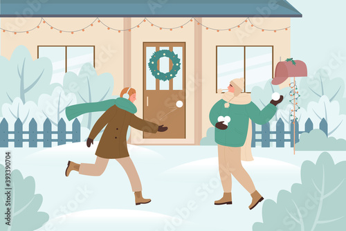 People play snowballs fight game, Christmas holidays outdoor activity vector illustration. Cartoon man woman couple characters playing, throwing snowballs, enjoying xmas snow winter weather background