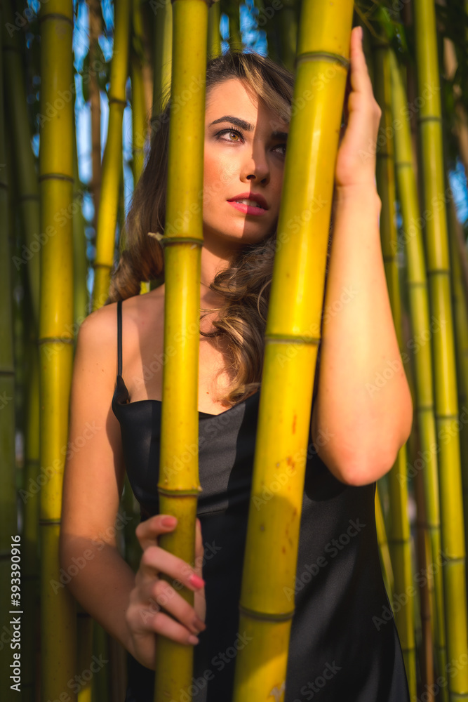 Obraz premium Lifestyle, blond Caucasian girl in a glamorous black dress in the park in nature, perched on beautiful bamboo, model looking to the right, vertical photo