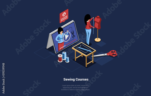Vector Illustration Of Online Sewing Education Courses. Distant Study Isometric Concept Composition In Cartoon 3D Style. Female Character With Mannequin Sewing And Watching Video On Huge Tablet PC