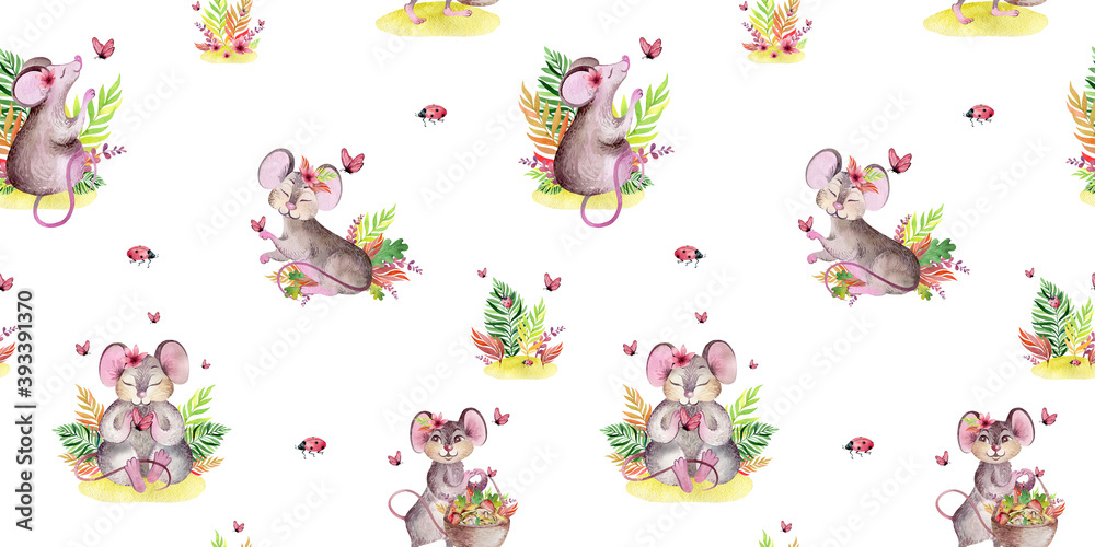 Fototapeta watercolor collection of mice in autumn meadow
