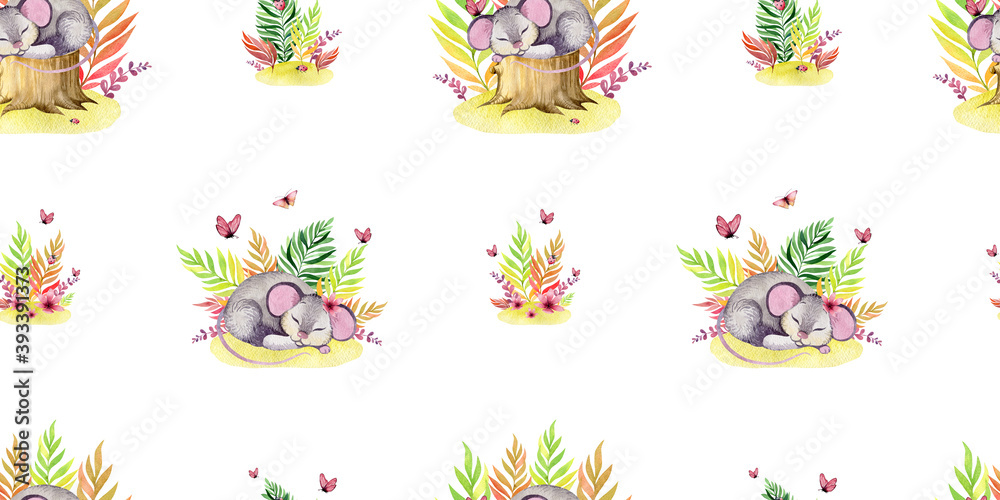 watercolor collection of mice in autumn meadow