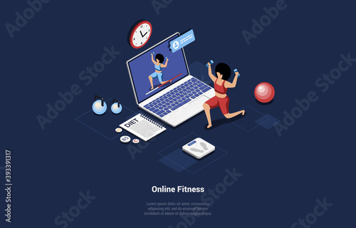 Online Fitness Conceptual Isometric Illustration On Dark Background. 3D Vector Composition In Cartoon Style With Gym Items. Woman Doing Sports In Front Of Big Laptop With Teaching Video On Screen
