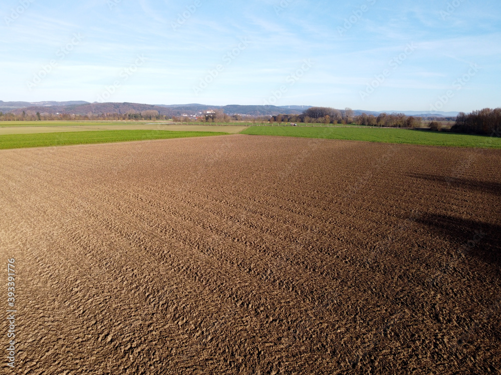 Harvested fields in Bavaria in November on a sunny cold day