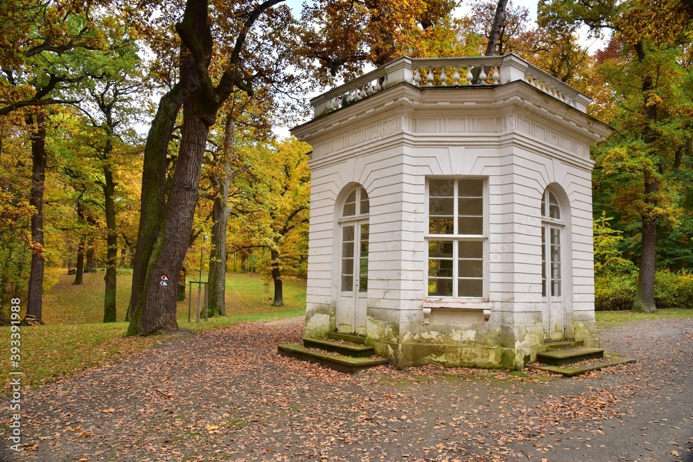 Krasny Dvur Park is a garden adjacent to the castle of the same name, shown in autumn with beautiful colors of fall season, Ustecky Region, North Bohemia, Czech Republic.