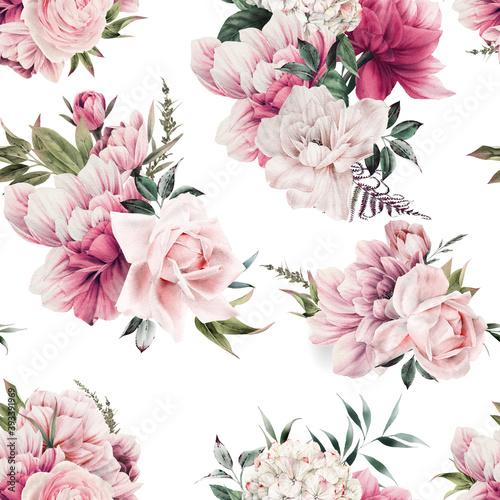 Fototapeta Naklejka Na Ścianę i Meble -  Seamless floral pattern with peony flowers on summer background, watercolor illustration. Template design for textiles, interior, clothes, wallpaper