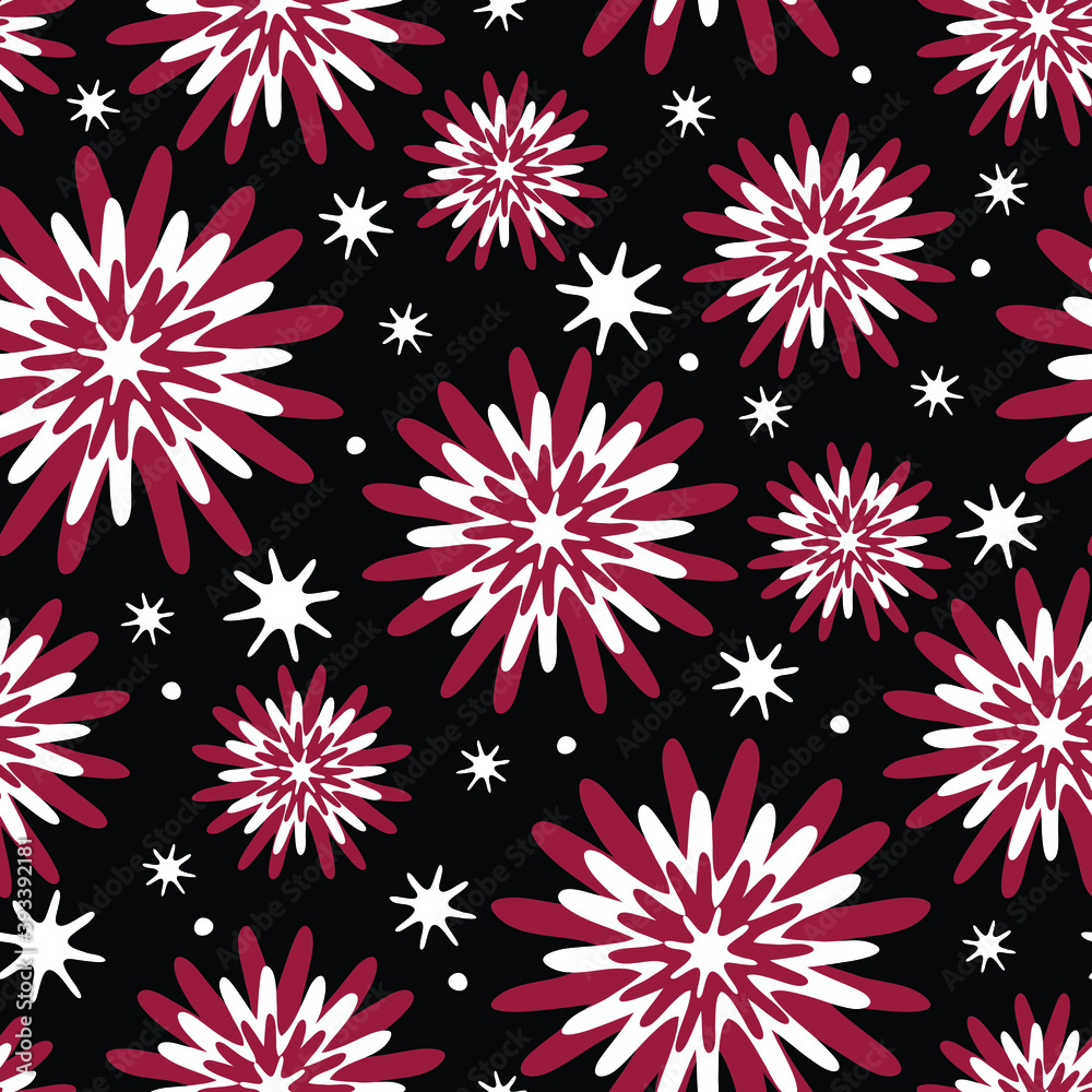Seamless vector pattern with flower burst on black background. Abstract floral wallpaper design with stars. Starburst fashion textile texture.