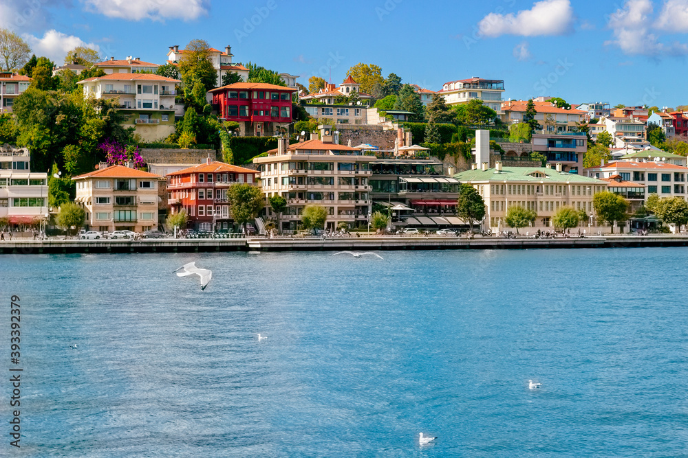Sunny view of the promenade of Istanbul skyline from Bosphorus strait, Turkey. Background for travel brochures