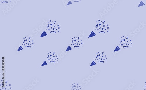 Seamless pattern of large isolated blue exploding party poppers. The pattern is divided by a line of elements of lighter tones. Vector illustration on light blue background