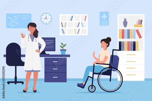 Disabled woman character on doctor appointment vector illustration. Cartoon handicapped girl patient character in wheelchair visits hospital, healthcare medicine clinic for medical therapy background