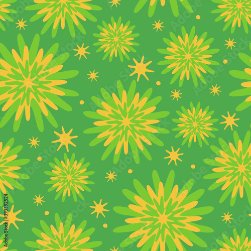 Seamless vector pattern with pastel yellow flower blooms on green background. Tie dye floral decorative wallpaper design. Artistic fashion textile texture.