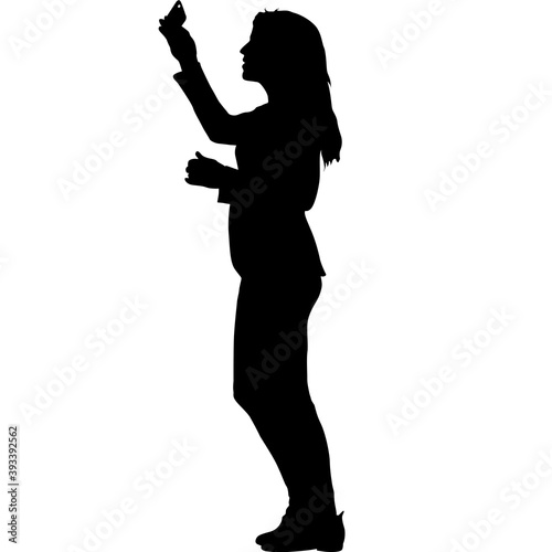 Black silhouettes woman with arm raised on a white background
