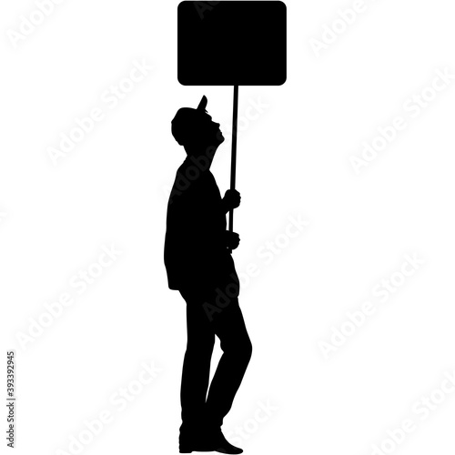 Black silhouettes of woman and man with banner on white background