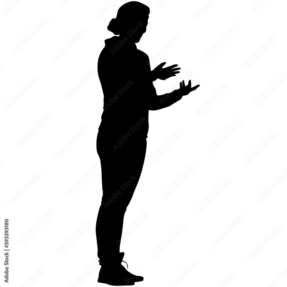 Black silhouettes woman with arm raised on a white background