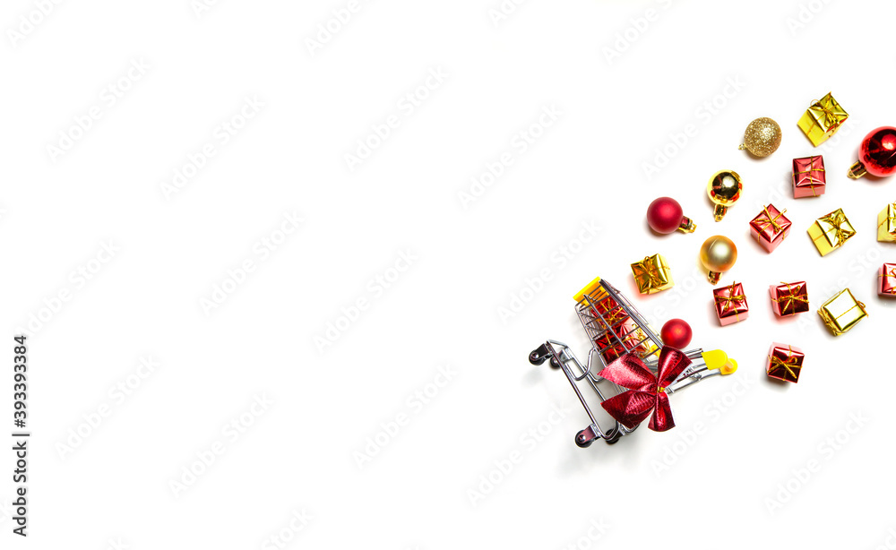 cart with new year and christmas gifts. christmas layout on white background