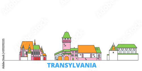 Romania, Transylvania cityscape line vector. Travel flat city landmark, oultine illustration, line world icons