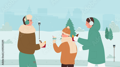 Family people drinking hot winter drinks in winter snow park landscape vector illustration. Cartoon mother, father and son boy child holding Christmas mulled wine and cocoa glasses in hands background