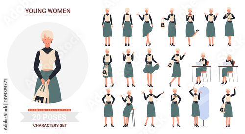Young stylish girl poses vector illustration set. Cartoon beautiful fashionable woman character posing in front side or back views, various postures of pretty blonde lady fashionista isolated on white