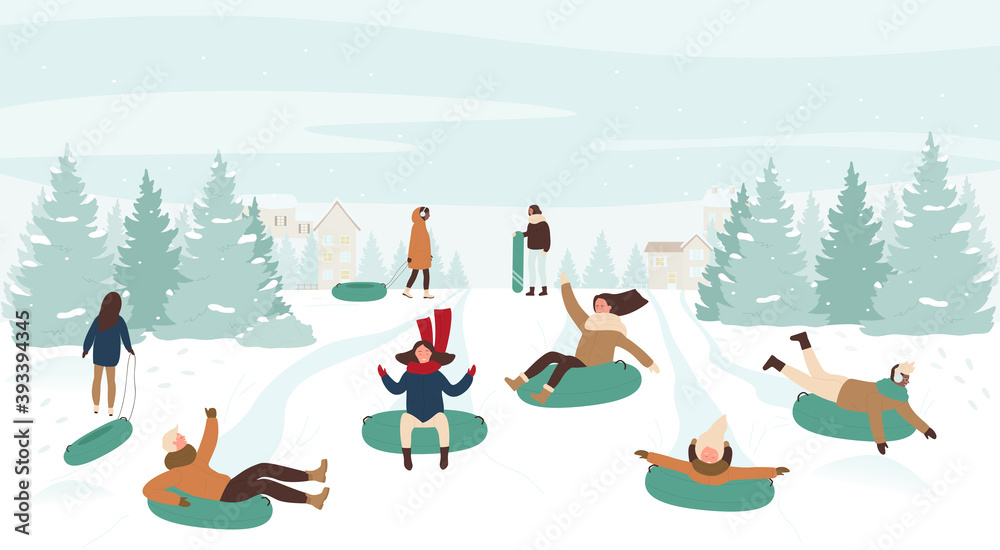 Vetor do Stock: People enjoy sledge winter game, sledding downhill ...