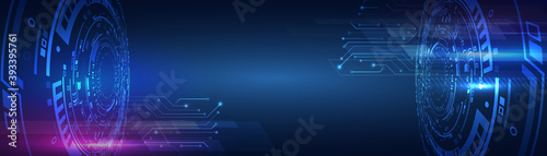 Hi-tech computer digital technology concept. 3d Futuristic glowing circle. Wide perspective Blue background with various technological elements.