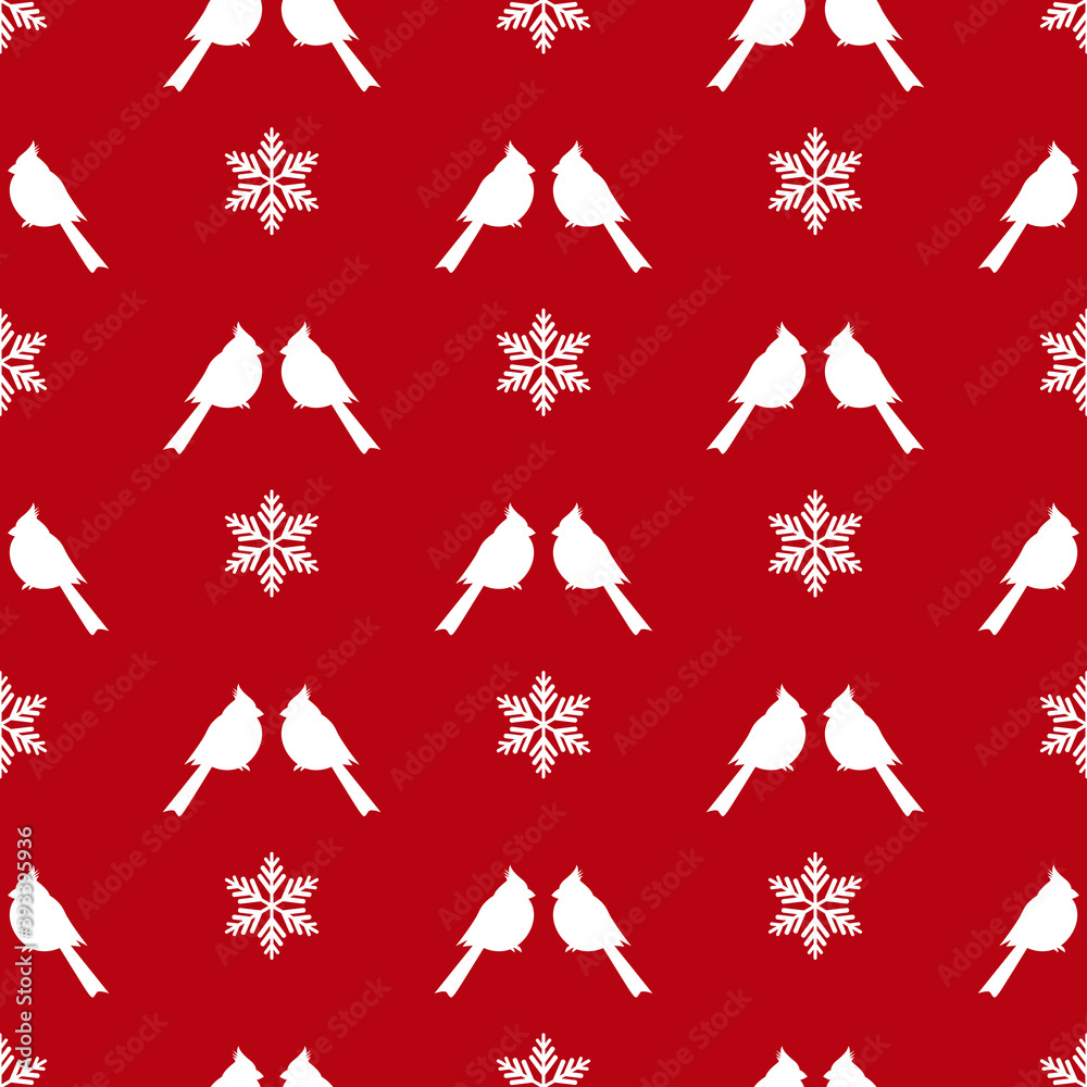 seamless winter pattern with white snowflakes and red birds cardinals.