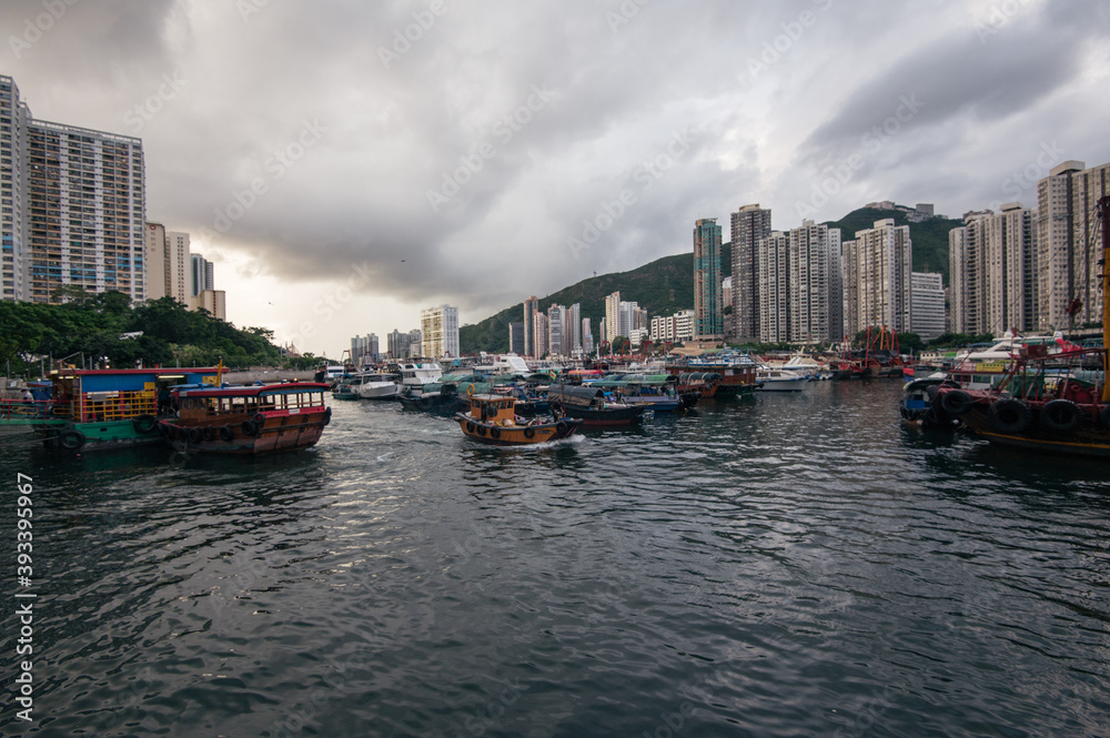 Aberdeen Harbour seen from Ap Lei Chau Bridge, In this area you will find fishing boats, houseboats, and sampans, The bay between the south coast of Hong Kong Island