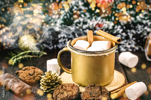 Hot chocolate with marshmallow candies, a typical Christmas and holiday drink