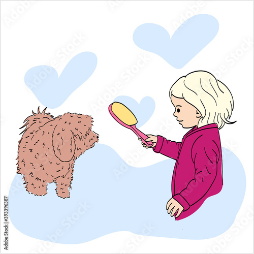 Little girl holding a comb to hair brush her dog. Combing a dog.