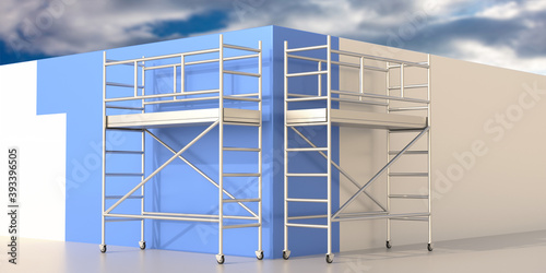 Fototapeta Naklejka Na Ścianę i Meble -  Scaffolding towers, wall painting works on blue cloudy sky background. 3d illustration