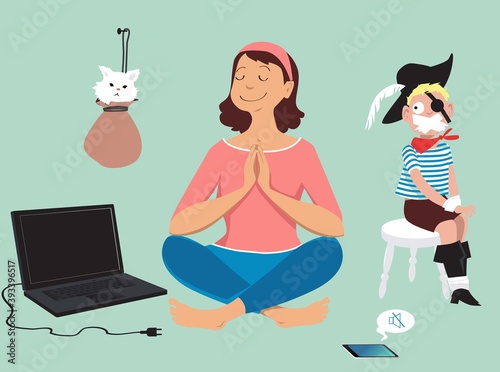 Woman peacefully meditating after unplugging her devices and silencing her kid and a pet, EPS 8 vector illustration
