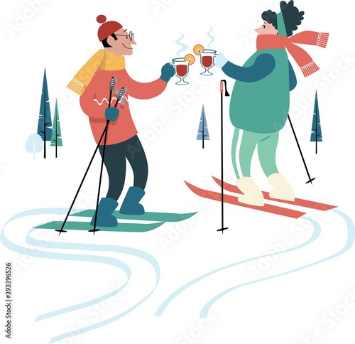 Man and woman drinking hot mulled wine while skiing in winter, EPS 8 vector illustration