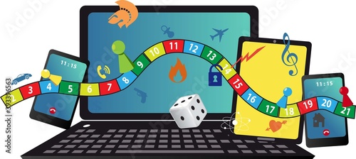 Virtual game night. Board game field, dice and pieces over digital devices, EPS 8 vector illustration