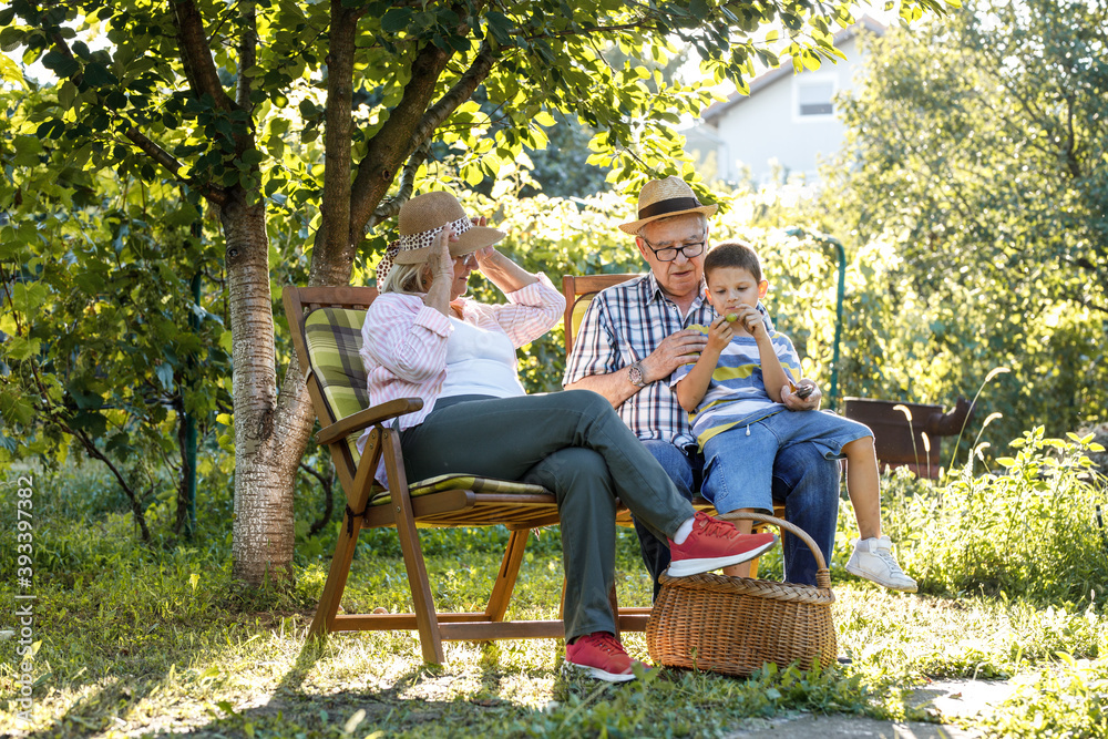Grandparents sitting with they grandson in the garden.They embracing each other and making fun.
Grandparents sitting with they grandson in the garden.They embracing each other and making fun.