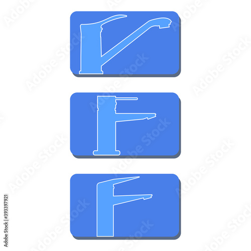 Set of vector icons, logos of water faucets for the kitchen and bathroom. Design element for signboard, nameplate and other ideas. Line drawing. Outline vector illustration, icons on blue background.