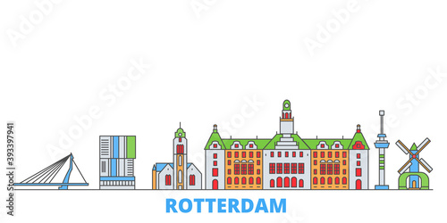 Netherlands, Rotterdam cityscape line vector. Travel flat city landmark, oultine illustration, line world icons