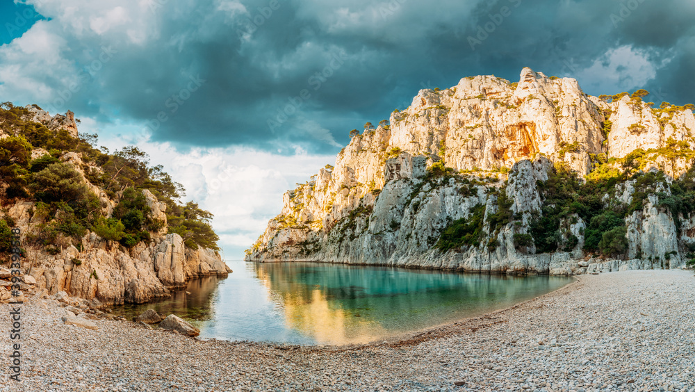 Cassis, Calanques, France. French Riviera. Beautiful Nature Of Cote De Azur On The Azure Coast Of France. Pines Growing On Cliffs Coast En Vau. Panorama