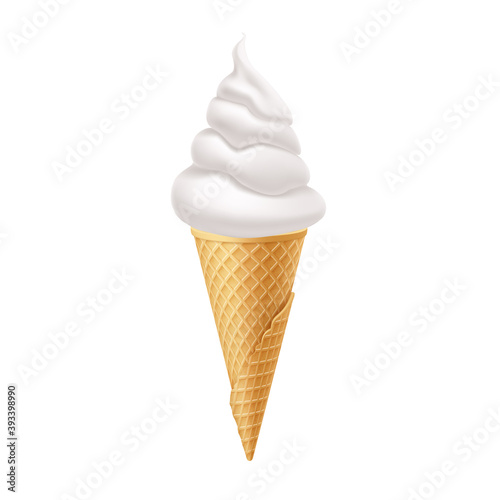 Soft Ice Cream in Waffle Cone. Street Fast Food, Sweet Milky Dessert Creative illustration Isolated on White