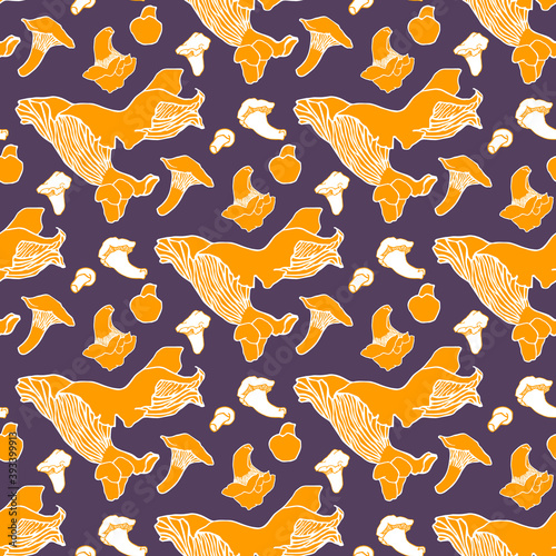 Seamless pattern with forest wild mushrooms. Graphic print with chanterelles. Hand drawn texture for fabric and textile industry. Yellow objects on a dark background.