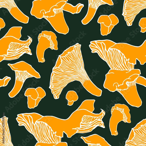 Seamless pattern with forest wild mushrooms. Graphic print with chanterelles. Hand drawn texture for fabric and textile industry. Red objects on a dark background.
