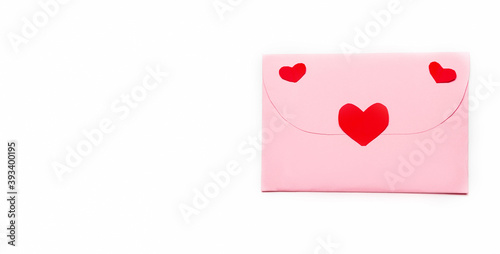 Valentine's Day. Pink an envelopes with heart. Writing a love letter. Message.Top view. copy space. Valentine concept. White background