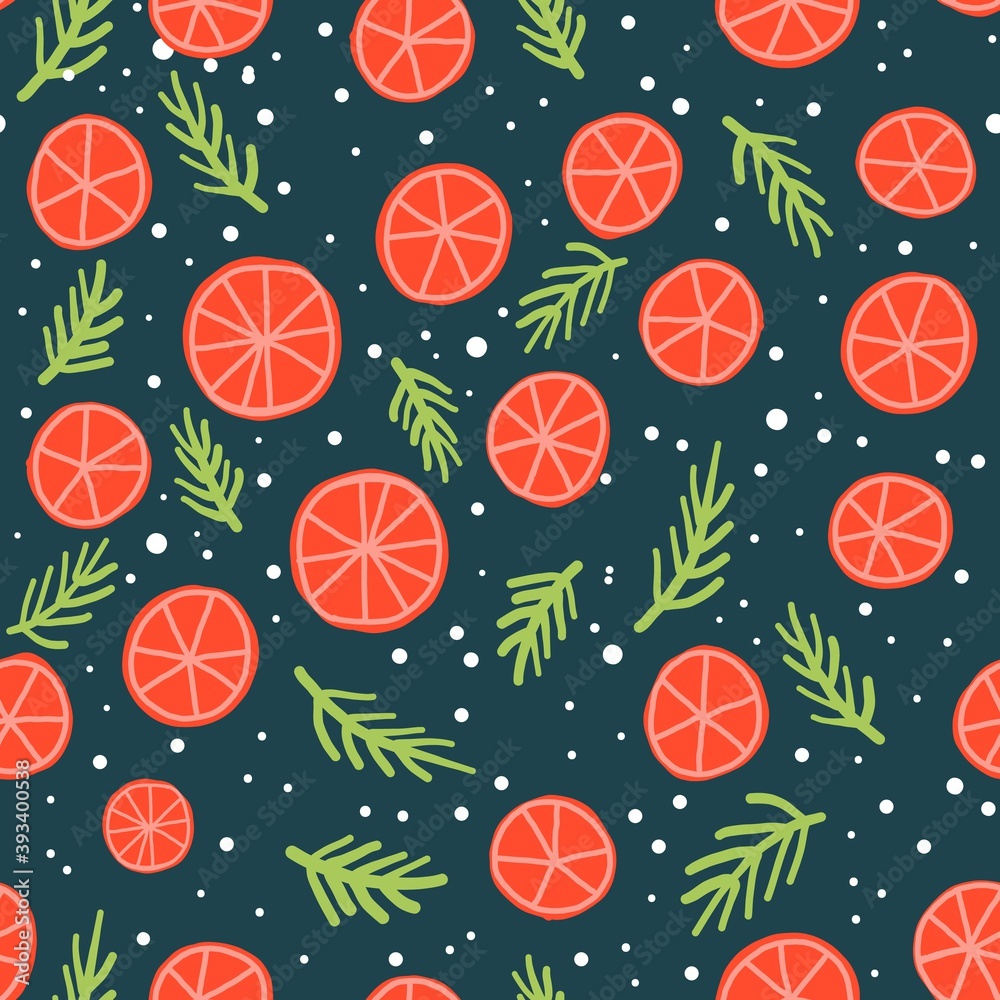 Orange and pine twigs christmas seamless pattern vector. Cute hand drawn season holiday cartoon illustration. Orange and pine twigs christmas seamless pattern vector. Cute hand drawn season holiday cartoon illustration.