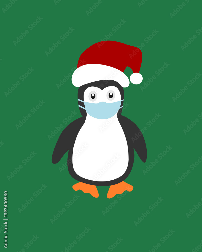 Cute penguins with Santa Claus hat and medical mask in the winter Cute penguins with Santa Claus hat and medical mask in the winter