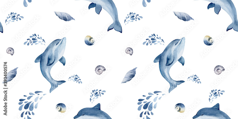 watercolor set pattern raccoon and dolphin friendship