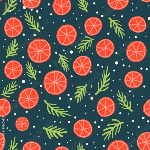 Orange and pine twigs christmas seamless pattern vector. Cute hand drawn season holiday cartoon illustration.