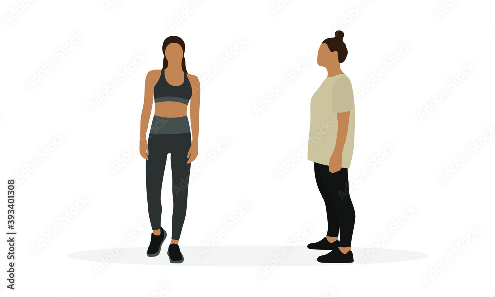 Fat female character and slim female character in sportswear isolated on white background Fat female character and slim female character in sportswear isolated on white background